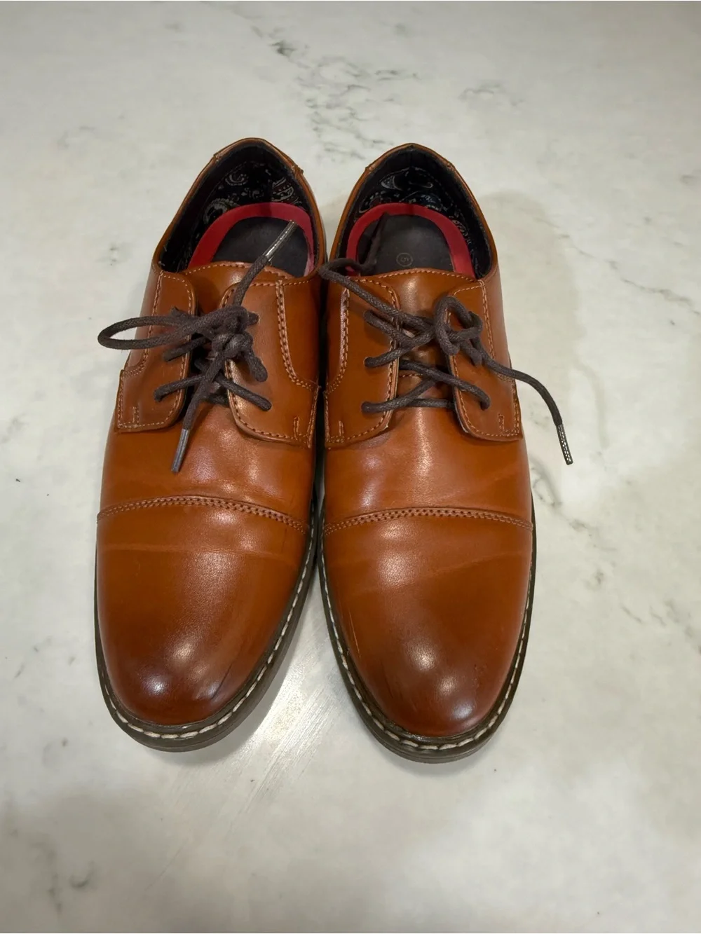 Classic Tan Lace-Up Kids Dress Shoes with Stitched Detail